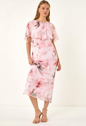Roman Floral Frill Chiffon Cape Midi Dress