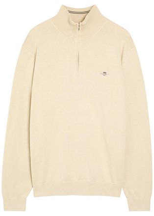 GANT Logo-embroidered Quarter-zip Cotton Jumper - Beige - Xxl