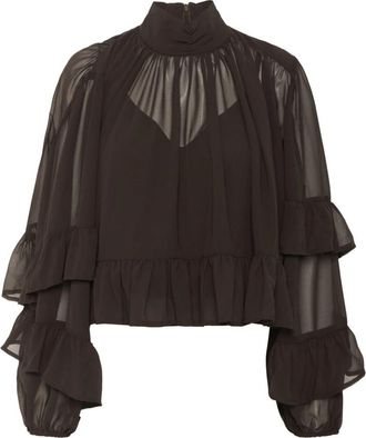 Gestuz Elegante Mesh Blouse met Ruches - Dames - Blouses - Bruin - L - Overhemden