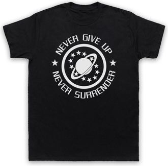 My Icon Art and Clothing Galaxy NSEA Never Give Up Never Surrender Sci Fi Comedy Film Mens T-Shirt, Black, XL
