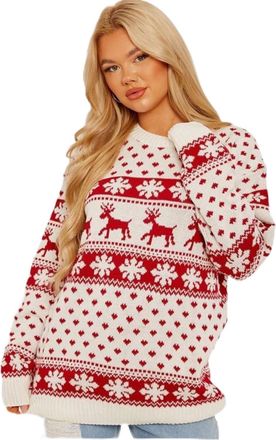 Generic Womens Knitted Christmas Jumper - Festive Reindeer & Snowflake Pattern Pullover | Funny Novelty Xmas Sweater Crew Neck Winter Top (UK, Alpha, M, L, Re
