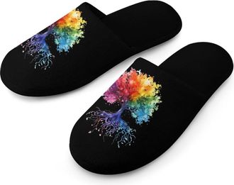 Generic Watercolor Tree Colorful Warm Mens Slippers Slip On Soft Fleece House Shoes Winter Indoor Outdoor