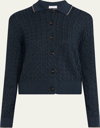Brunello Cucinelli Shimmering Cable Knit Collared Cardigan