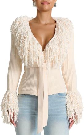 Naked Wardrobe Fringe Tie Waist Chenille Cardigan in Bone at Nordstrom, Size X-Small