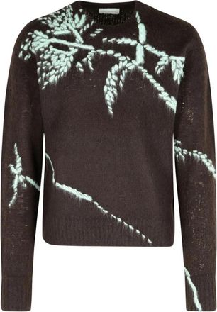 Dries Van Noten Bruine Alpaca Sweater met Geborduurd Detail - Heren - Ronde hals truien - Bruin - L - Truien & Vesten