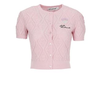Self Portrait Cardigans, female, Pink, Size: L Pointelle Knit Top
