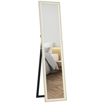 OEM Espejo De Cuerpo Entero 157x37 Cm Espejo De Pie O De Pared Con Marco De Mdf Y Soporte Blanco Y Natural