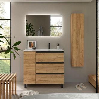 Cygnus Bath Mueble de Baño BEQUIA PLUS METAL 3C 90cm Roble Lavabo Porcelana grifo derecha