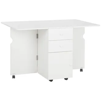 HOMCOM Mesa De Comedor Plegable Con Alas Abatibles, Ruedas Y 2 Cajones, Mesa De Cocina Peque&ntilde;a Y Moderna, 120 X 80 X 75 Cm, Blanca