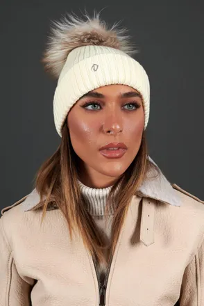 D'Arienzo Cappello in lana panna con pompon in pelliccia pastello DArienzo, Seleziona Taglia Unica, Colore Panna