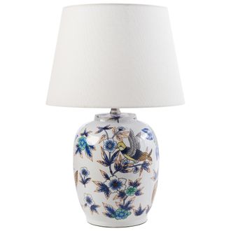 Beliani L&aacute;mpara De Mesa Elegante Con Base De Porcelana Con Dise&ntilde;o Floral Pantalla De Campana De Lino Iluminaci&oacute;n Blanco Y Azul Sunja