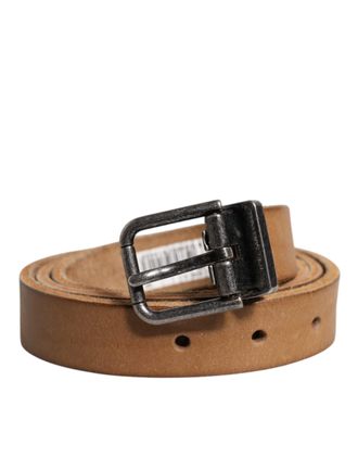 Dolce & Gabbana Brown Leather Silver Tone Metal Buckle Mens Belt