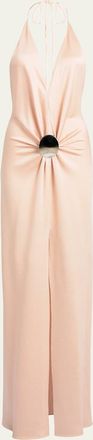 Silvia Tcherassi Rowan Gathered Hammered Silk Plunging Halter Maxi Dress