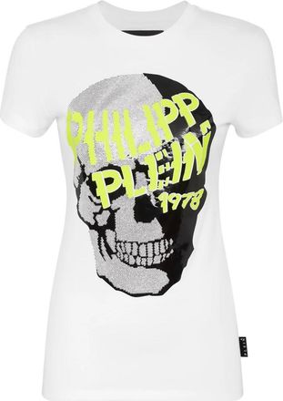 Philipp Plein T-shirt met Ronde Hals Skull Strass - Dames - T-shirts - Wit - XL - Katoen - Tops