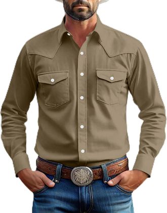 Generic Mens Two Pocket Long Sleeve Button Work Shirt Vintage Solid Color Lapel Shirt Slim Fit Mens Casual Shirts Cowboy Cut Western Style Coffee
