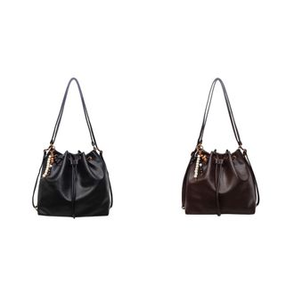 Generic Women PU Drawstring Bucket Bag W/Pendant Handbag for Daily Travel Work (Black)