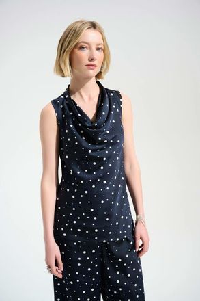 Joseph Ribkoff Signature | Recycled Satin Dot Print Sleeveless Cowl Neck Top in Midnight Blue/vanilla at Nordstrom, Size 10