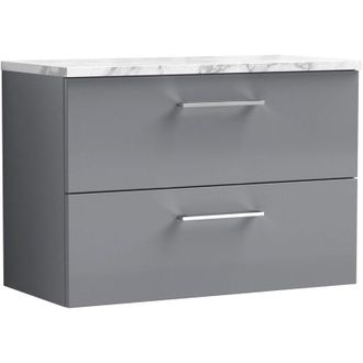 Nuie Nuie - Arno Wall Hung 2-Drawer Vanity Unit with Carrera Marble Worktop 800mm Wide - Satin Grey