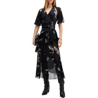 AllSaints Alana Midi Wrap Dress in Spell Black at Nordstrom Rack, Size 0 Us / 4 Uk