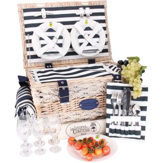 Les Jardins de la Comtesse Cesta picnic de mimbre Marine rayas azules para 6 personas