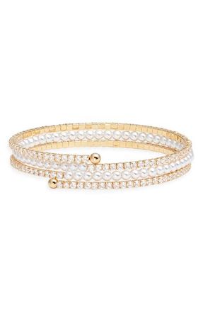 Nordstrom Faux Pearl & Cubic Zirconia Coil Wrap Bracelet in Clear- White- Gold at Nordstrom
