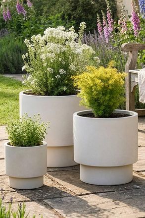 Dibor Set of 3 Grey Fibre Clay Plant Pots Outdoor Garden Planters | Size: Large