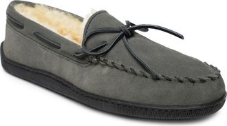 Minnetonka Genuine Shearling Lined Slipper in Grey Suede at Nordstrom, Size 14