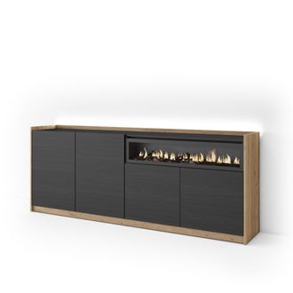 Skraut Home Skraut Home - Aparador Para Sal&oacute;n, Gran Capacidad De Almacenaje, 207x37x80cm, 4 Puertas, Chimenea El&eacute;ctrica, Led, Estilo Moderno, Negro Y Roble