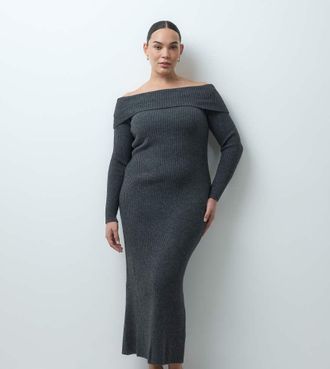 Asos Curve ASOS DESIGN Curve vestito midi lungo in maglia con schiena aperta e scollo Bardot in antracite-Grigio