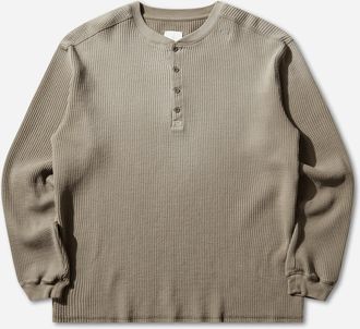 Roa Men s Bee Sun Faded Organic Waffle Serafino Long Sleeve Top Grey / Green