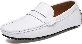 Generic Mens Loafers Shoe Genuine Leather Stitching Details Penny Loafer Flexible Anti-Slip Lightweight Comfortable Flat Heel Driving Slip On(White,10.5 UK)