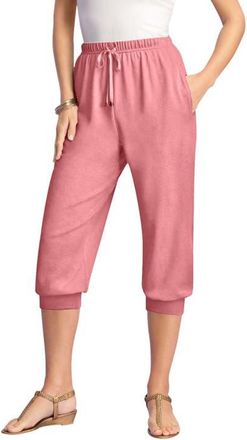 Roaman's Plus Size Soft Knit Capri Pant With Drawstring Waist in Desert Rose at Nordstrom, Size Medium