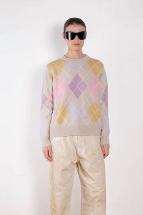 &Daughter Argyle Crew Lambswool Sweater In Oatmeal/pink