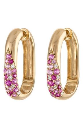 Eden Presley Glitter Elongated Huggie Hoop Earrings in Yellow Gold - Pink at Nordstrom