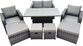 Fimous 8-seater Patio Height Adjustable Rising Lifting Table Sofa Sets Rattan Garden Furniture Dining Set with 4 Footstool Dark Grey Mixed - Fimous