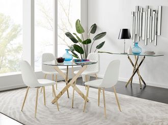 Furniturebox Novara 100cm Round Tempered Glass Dining Table with Gold Legs & 4 Corona Faux Leather Chairs in White