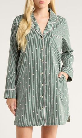 Nordstrom Classic Piped Cotton Nightshirt in Green- Pink Heart Stripe at Nordstrom, Size X-Small