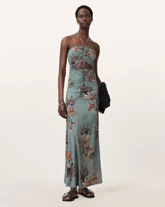 AllSaints Viscose Celia Halterneck Floral Maxi Dress, Size: UK 16/US 12