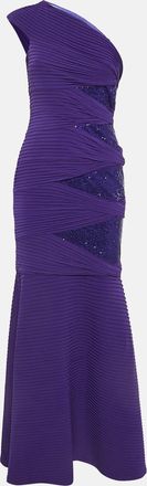 Tadashi Shoji Purple Pintuck Jersey Sequin Detail One Shoulder Gown