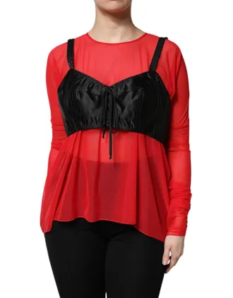 Dolce & Gabbana Womens Red Black Bustier Detailing Long Sleeves Top And Nylon Elastane