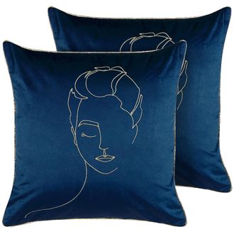 Beliani Beliani - Conjunto De 2 Cojines De Terciopelo Azul Dorado 45 X 45 Cm Patr&oacute;n De Cara Crocus