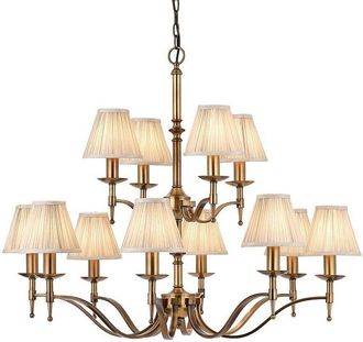 Loops Avery Ceiling Pendant Chandelier Light 12 Lamp Antique Brass & Beige Pleat Shade