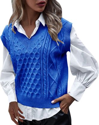Generic Womens Sweaters Vest Stylish Vintage V Neck Chunky Knitted Sleeveless Jumpers Blue