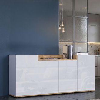 Dmora Aparador Swink, Mueble 6 Estantes, Puertas Batientes Made In Italy, 4 Puertas, 160x35x70h Cm Blanco Brillo