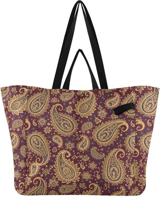 Generic Paisley Flowers Red print Reusable Canvas Tote Bag, Heavy Duty Grocery Shopping Bag with Large Capacity Hard Bottom Double Handles Work Groceries Trav