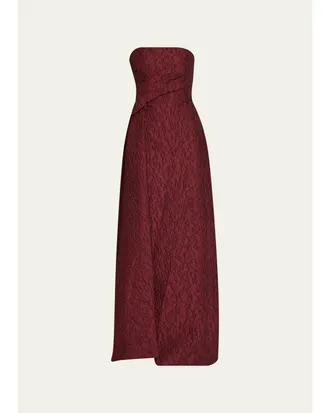 Monique Lhuillier Strapless Textured Jacquard Draped Train Column Gown