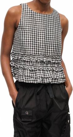 Ganni Taffeta Checked Top In Black