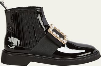 Roger Vivier Viv Rangers Patent Chelsea Booties with Crystal Buckle