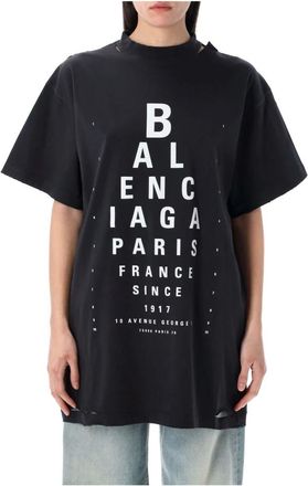 Balenciaga T-Shirts, female, Black, Size: XL Distressed Cotton T-Shirt with Optical Artwork