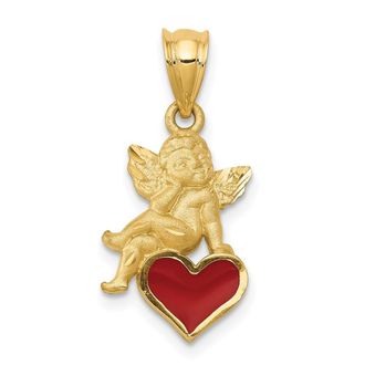 Diamond2Deal 14k Yellow Gold Red Enameled Angel on Heart Pendant